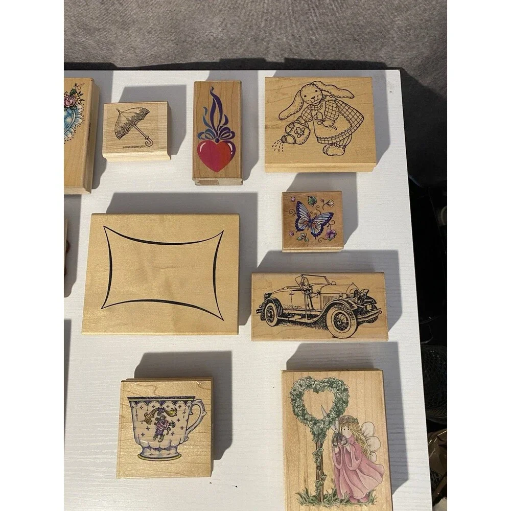 Lot 11 Vtg Wood Rubber Stamps: River City Roadster, Denami, Stampin' Up!, Misc
